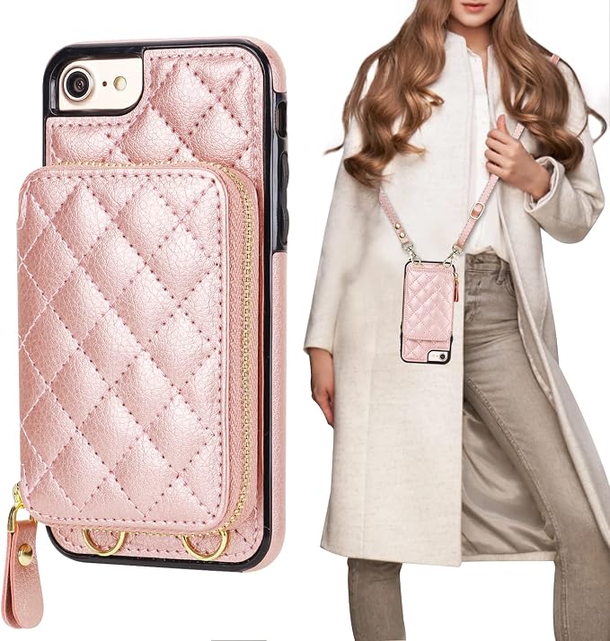 Bocasal Crossbody Wallet Case for iPhone SE 2022/SE 2020/8/7, RFID Blocking Leather Zipper Handbag Purse Flip Cover, Kickstand Folio Case with Card Slot Holder Wrist Strap Lanyard 4.7 Inch (Rose Gold)