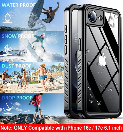 SPIDERCASE for iPhone 16e Case/iPhone 17e Case Waterproof,Built-in Screen & Camera Lens Protector[IP68 Underwater] Full Body Protection Phone Case for iPhone 16e/iPhone 17e 6.1'', Black/Clear