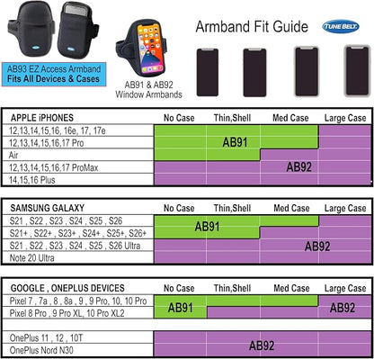 Tune Belt AB91 Running Armband – No-Slip Phone Holder for Runners – Fits iPhone 17 16 15 14 Pro/Plus & Galaxy S24 S23 – Comfortable Sweat-Resistant Neoprene (Black)