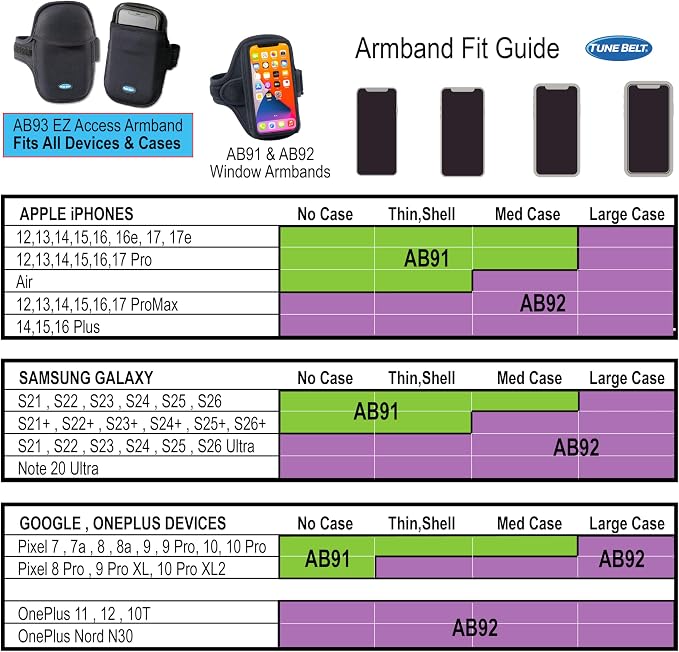 Tune Belt AB91 Running Armband – No-Slip Phone Holder for Runners – Fits iPhone 17 16 15 14 Pro/Plus & Galaxy S24 S23 – Comfortable Sweat-Resistant Neoprene (Black) with EX3 Extender (Black)