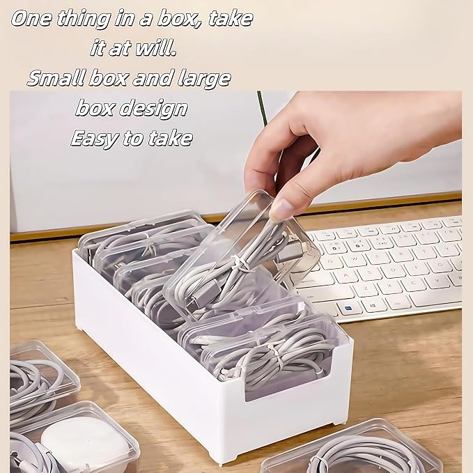 2 Pack 11 Grid Cable Organizer Box with Switch for Desktop Cord Storage | Desk wire sorting, office household dual use, multi grid classified storage, transparent visible interior, cord management
