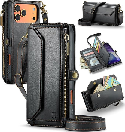 Strapurs Wallet Case Compatible with iPhone 17 Pro Max 6.9" RFID Blocking 10-Card Holder Soft PU Leather Magnetic Snap Shoulder Strap Zipper Pocket Phone Case Fit for iPhone 17 Pro Max - Black