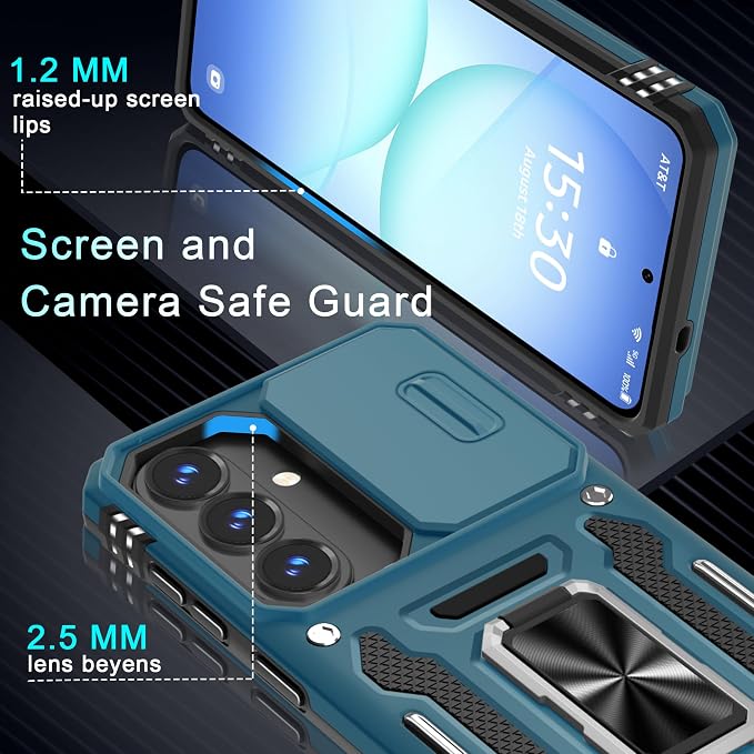 DEERLAMN Case for Samsung Galaxy S26 6.3-Inch with Slide Camera Cover+Screen Protector(1 Pack), Rotated Ring Kickstand Military Grade Shockproof Protective Cover-Light Blue