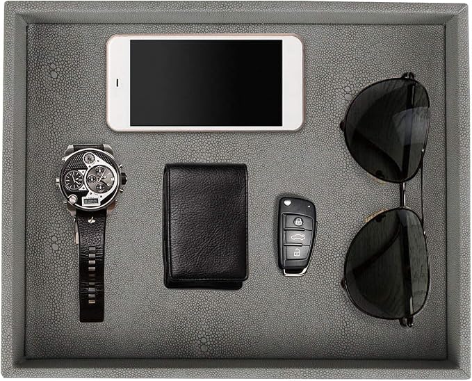HofferRuffer Decorative Desktop Organizer Tray, Bathroom Vanity Tray, Storage Jewelry Perfume Dresser Tray, Catchall Tray for Change Coin Key, 10.2 x 8.4 x 1.8 inches (Dark Grey Faux Leather Shagreen)