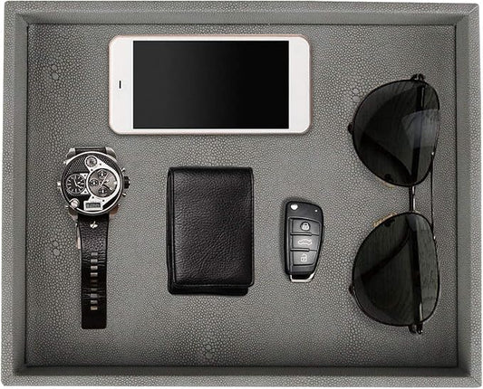 HofferRuffer Decorative Desktop Organizer Tray, Bathroom Vanity Tray, Storage Jewelry Perfume Dresser Tray, Catchall Tray for Change Coin Key, 10.2 x 8.4 x 1.8 inches (Dark Grey Faux Leather Shagreen)