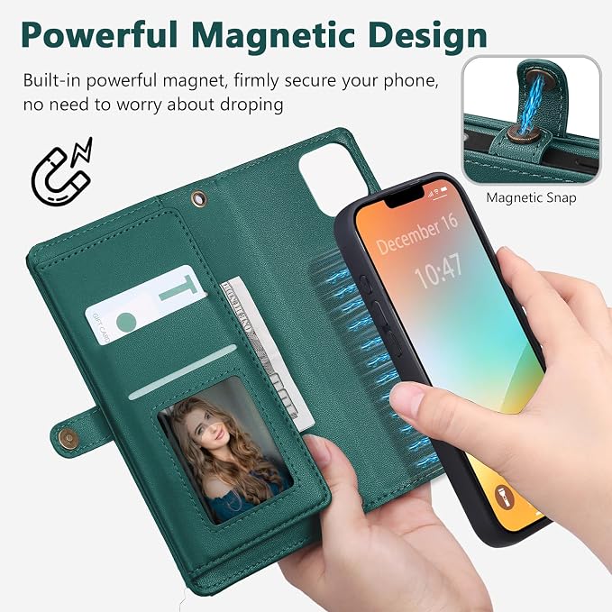 Wallet Case for iPhone 13 Pro with Card Holder/Crossbody Wallet/Strap| RFID Blocking | Magnetic | Kickstand | Detachable | PU Leather Phone Case for iPhone 13 Pro,6.1 in,Green