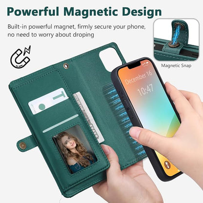 Wallet Case for iPhone 13 Pro with Card Holder/Crossbody Wallet/Strap| RFID Blocking | Magnetic | Kickstand | Detachable | PU Leather Phone Case for iPhone 13 Pro,6.1 in,Green