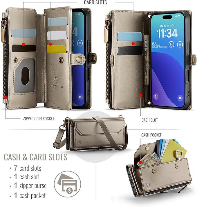Strapurs Wallet Case Compatible with iPhone 16 Pro 6.3" RFID Blocking 10-Card Holder PU Leather Magnetic Snap Shoulder Strap Zipper Pocket Phone Case Fit for iPhone 16 Pro for Women - Desert Titanium