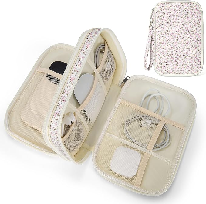 Quilted Travel Cable Organizer Pouch, Portable Electronic Accessories Carry Case, Double Layer All-in-One Storage Bag for Chargers, Cords, Phone, Gadgets (Pink Floral, M)