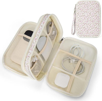 Quilted Travel Cable Organizer Pouch, Portable Electronic Accessories Carry Case, Double Layer All-in-One Storage Bag for Chargers, Cords, Phone, Gadgets (Pink Floral, M)
