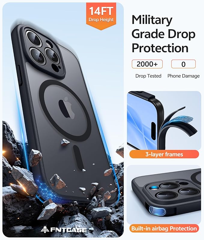 FNTCASE for iPhone 15 Pro Case: [Compatible with Magsafe] Translucent Matte Cases with [Full Camera Protection] [Screen Protector] Military Grade Shockproof Protective Phone Cover -Black