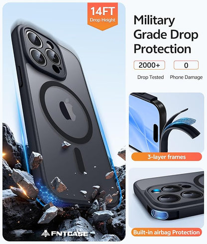 FNTCASE for iPhone 15 Pro Case: [Compatible with Magsafe] Translucent Matte Cases with [Full Camera Protection] [Screen Protector] Military Grade Shockproof Protective Phone Cover -Black