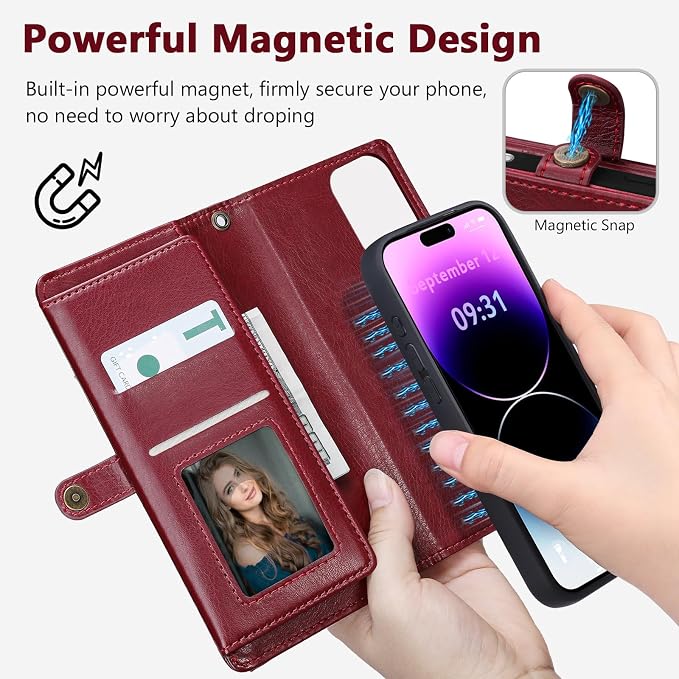 Wallet Case for iPhone 14 Pro with Card Holder/Crossbody Wallet/Strap| RFID Blocking | Magnetic | Kickstand | Detachable | PU Leather Phone Case for iPhone 14 Pro,6.1 in,Wine Red