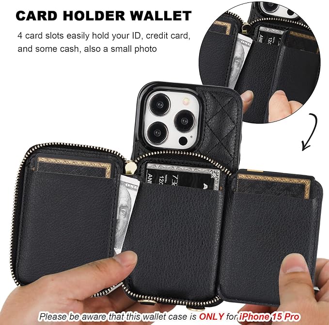 Bocasal Crossbody Wallet Case for iPhone 15 Pro, RFID Blocking PU Leather Zipper Handbag Purse Flip Cover, Kickstand Folio Case with Card Slots Holder Wrist Strap Lanyard 5G 6.1 Inch (Black)