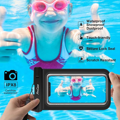 ProCase Waterproof Phone Pouch for iPhone 17 Air 16 15 14 13 12 11 Pro Plus Max Mini Xs XR X 8 7 Galaxy S23 S22 S21 Ultra Note Black Underwater Case, up to 7" -Black/White/Green/Clear