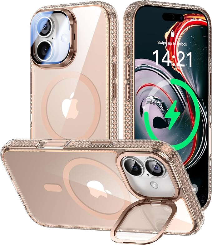 [Upgraded Full Camera Protection] for iPhone 17 Case with Camera Cover Stand [Fit for MagSafe][10FT Mil-Grade Protection] Transparent Magnetic iPhone 17 Phone Case, Clear Gold