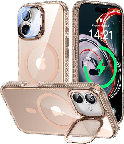 [Upgraded Full Camera Protection] for iPhone 17 Case with Camera Cover Stand [Fit for MagSafe][10FT Mil-Grade Protection] Transparent Magnetic iPhone 17 Phone Case, Clear Gold