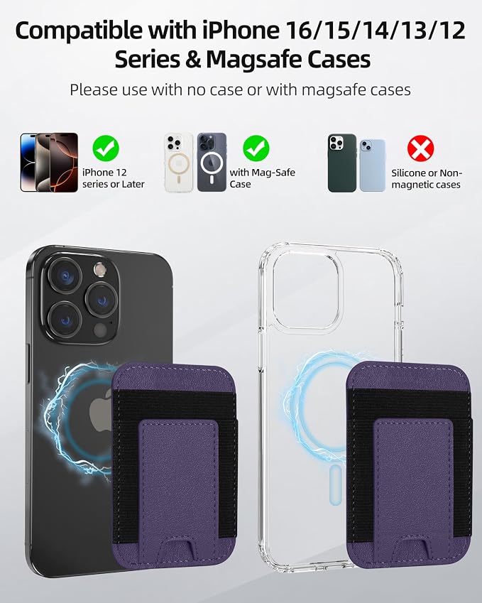 ExtreLife Upgraded for Magsafe Wallet, Strongest Magnetic Wallet for iPhone 17/16/15/14/13/12 Series, Magnetic Card Holder, Vegan Leather, Fit 7 Cards, Luxury Purple