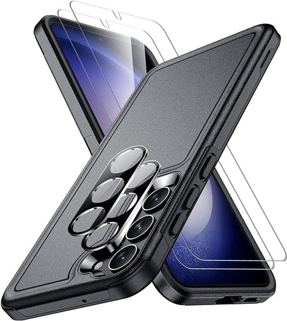 SPIDERCASE Designed for Samsung Galaxy S23 Case, [10 FT Military Grade Drop Protection], 2 Pack [Tempered Glass Screen Protector+Camera Lens Protector] Heavy Duty Shockproof Case, Black