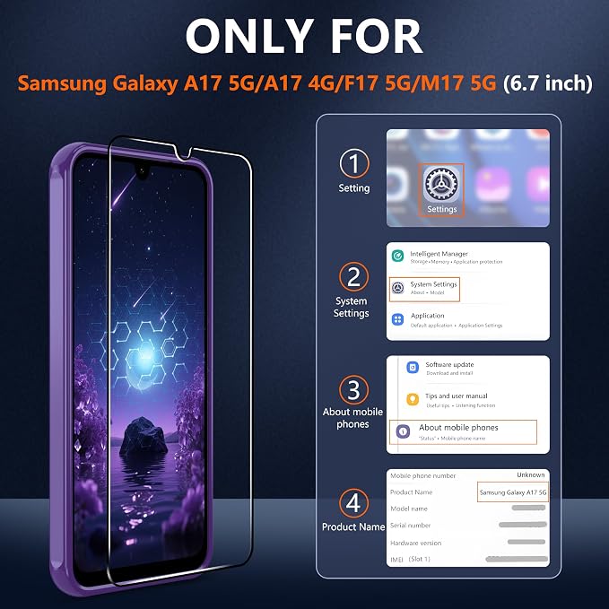 for Galaxy A17 5G Phone Case: Samsung A17 Phone Case with 2PC Tempered Glass Screen Protector, Wireless Charging Samsung A17 5G Case Matte Translucent Soft-Touch & Shockproof Funda para A 17,Purple