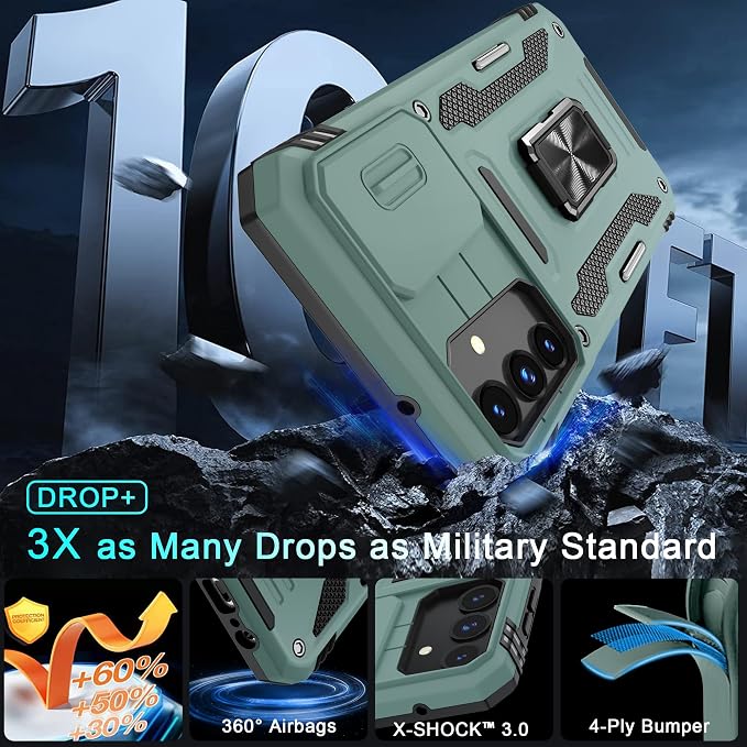 DEERLAMN Case for Samsung Galaxy A15 5G with Slide Camera Cover+Screen Protector (1 Pack), Rotated Ring Kickstand Military Grade Shockproof Protective Cover-Green