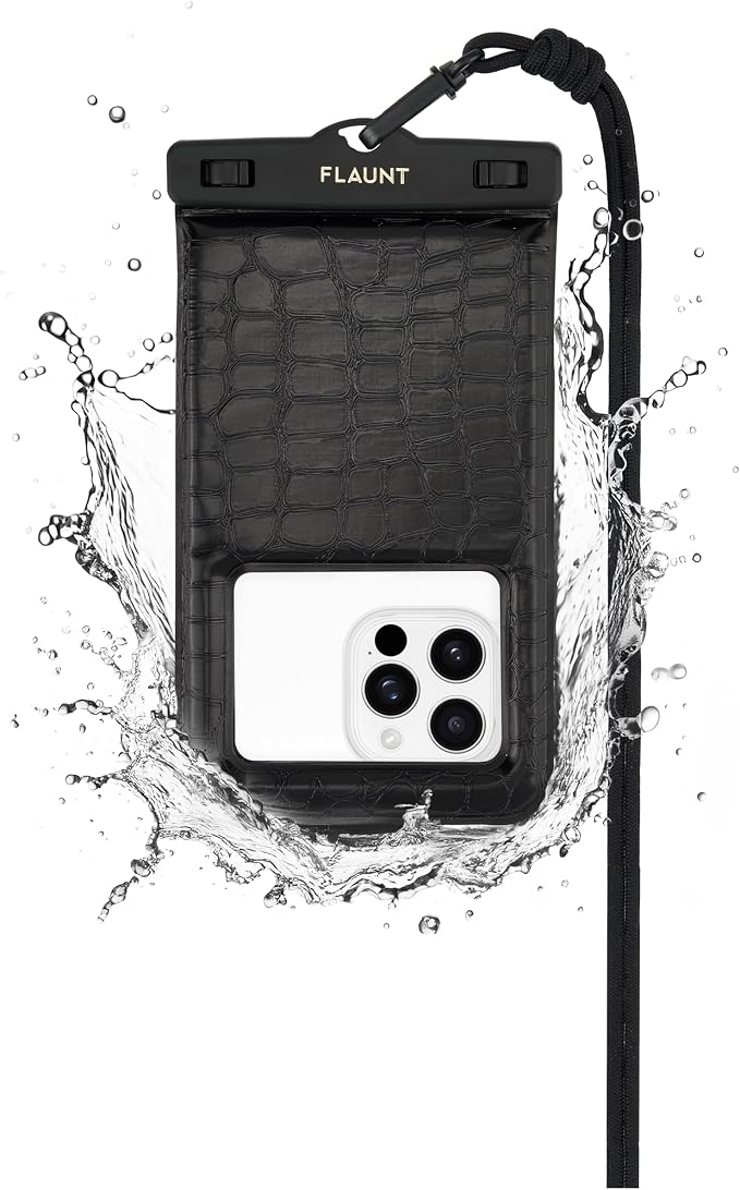 Flaunt Black Crocodile Waterproof Floating Phone Pouch with Crossbody Lanyard - Travel Beach Cruise Ship Essentials - Large