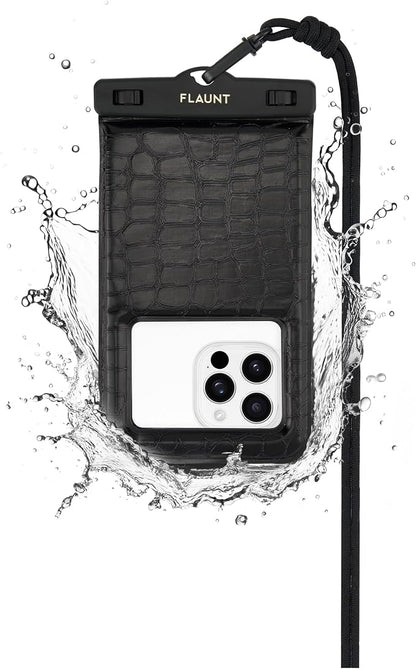 Flaunt Black Crocodile Waterproof Floating Phone Pouch with Crossbody Lanyard - Travel Beach Cruise Ship Essentials - Large