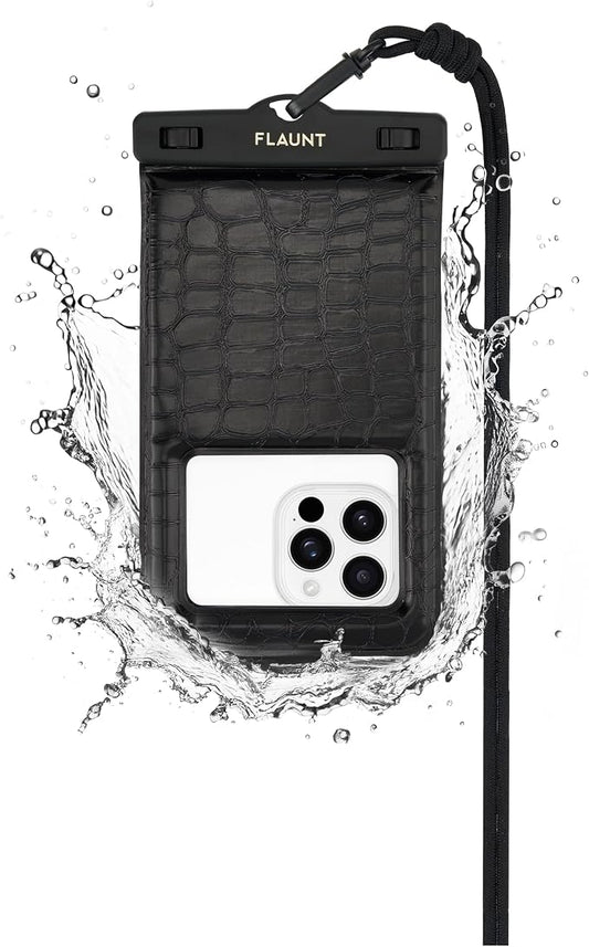 Flaunt Black Crocodile Waterproof Floating Phone Pouch with Crossbody Lanyard - Travel Beach Cruise Ship Essentials - Large