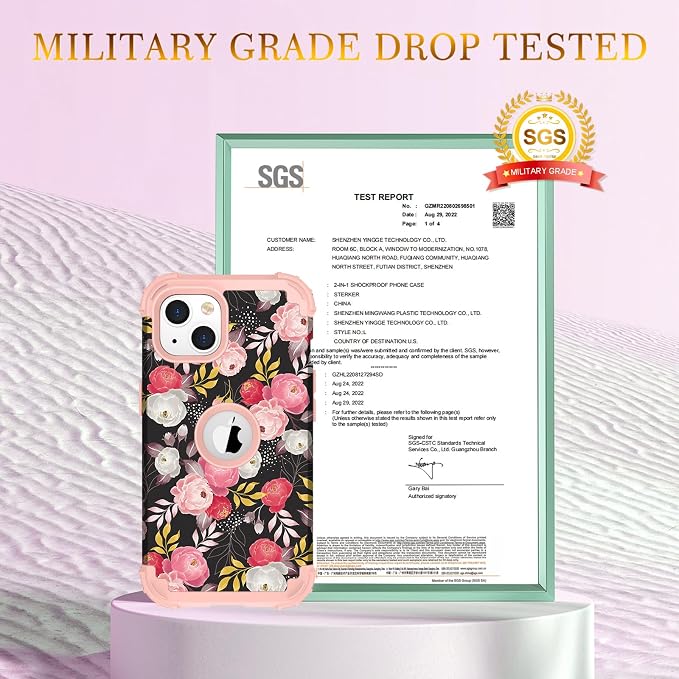 Hocase for iPhone 15 Case, Heavy Duty Shockproof Protection Soft Silicone Rubber Bumper+Hard Plastic Hybrid Protective Case for iPhone 15 (6.1" Display) 2023 - Rose Blossom