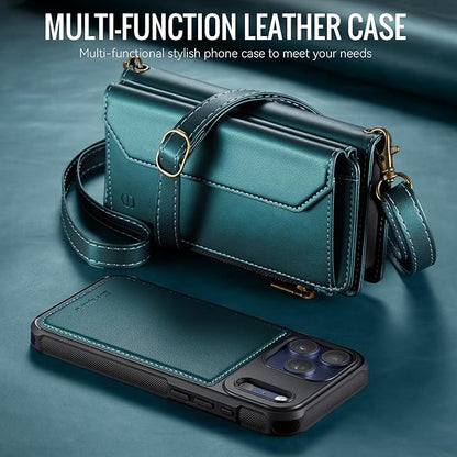 Strapurs for iPhone 17 Pro Detachable Wallet Case Compatible with Magsafe, RFID Blocking 9-Card Holder Zipper Wrist Strap Lanyard PU Leather Magnetic Phone Case for iPhone 17 Pro 6.3", Blue Green