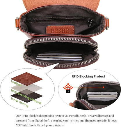 HESHE Leather Small Crossbody Bags for Women RFID Blocking Cell Phone Purse Anti-Theft Travel Bag with wide Straps