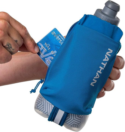 Nathan SpeedDraw 2 Insulated Handheld Running Water Bottle Flask – Double-Wall Insulation, Ergonomic Grip, Blast Valve Cap, Phone & Key Storage Pockets, Reflective Design - 18oz, Deep Blue