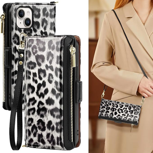 Antsturdy Compatible with iPhone 15 Wallet Case for Women【RFID Blocking】 Crossbody Phone Case PU Leather Zipper Wrist Strap Flip Cover Credit Card Holder Slots,for Apple 15 6.1",Leopard-White/Black