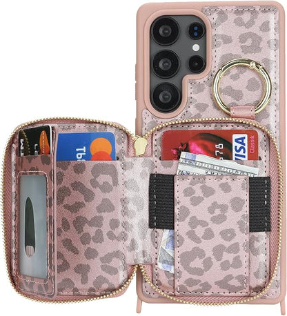 Crossbody Wallet Case for Galaxy S25 Ultra, PU Leather Zipper Handbag Purse Flip Cover, Kickstand Folio Case with Card Slots Holder Wrist Strap Lanyard -Pink Leopard