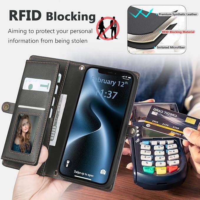 Wallet Case for iPhone 12/12 Pro with Card Holder/Crossbody Wallet/Strap| RFID Blocking | Magnetic | Kickstand | Detachable | PU Leather Phone Case for iPhone 12/12 Pro,6.1 in,Black