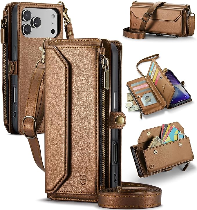 Strapurs Wallet Case Compatible with iPhone 17 Pro Max 6.9" RFID Blocking 10-Card Holder Soft PU Leather Magnetic Snap Shoulder Strap Zipper Pocket Phone Case Fit for iPhone 17 Pro Max - Brown