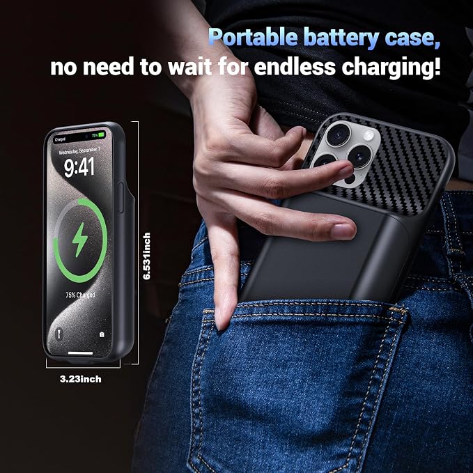 Battery Case for iPhone 15 Pro Max (6.7 inch), 2026 Upgraded High Capacity 13800mAh Battery Pack Rechargeable Charger External Charging Case with Tempered Glass Screen Protector Black