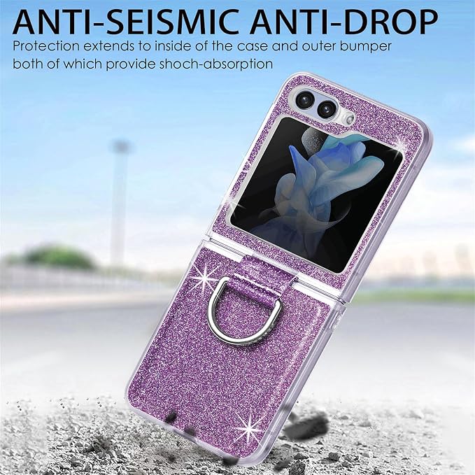 Bling Glitter Case for Samsung Galaxy Z Flip 6 with Ring Holder,Women Girls Cute Phone Case Non Slip Ultra Slim TPU Bumper Shockproof Protective Case for Galaxy Z Flip 6 5G 2024,Purple