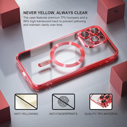 Misea Magnetic for iPhone 15 Pro Case Compatible with MagSafe [Never Yellowing] [Military Grade Drop Protection] Full Camera Lens Protector Plating Soft Clear Phone Case for Women Girls, Red