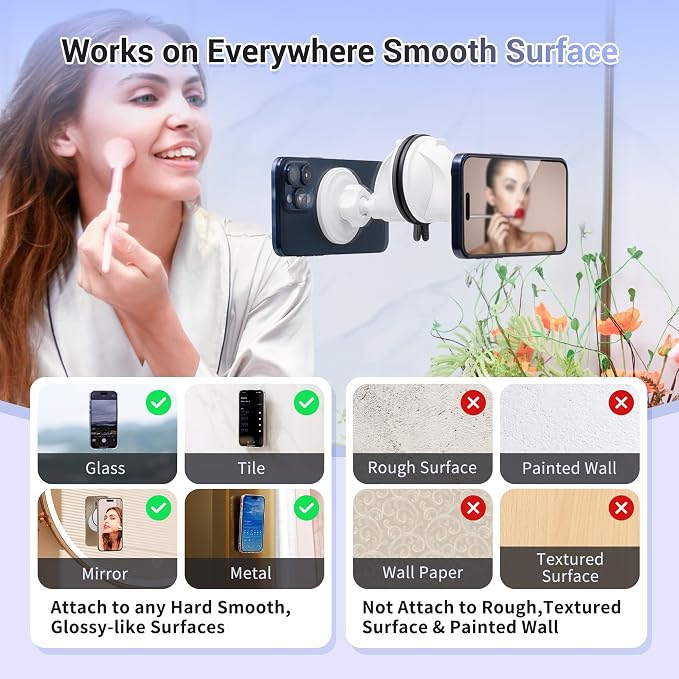 PROfezzion Magnetic Shower Mirror Phone Holder Reusable Suction Cup Phone Mount Compatible with iPhone 17 16 15 14 13 12 & All Phones, Rotating Stand for Glass Window Bathroom Kitchen, Black