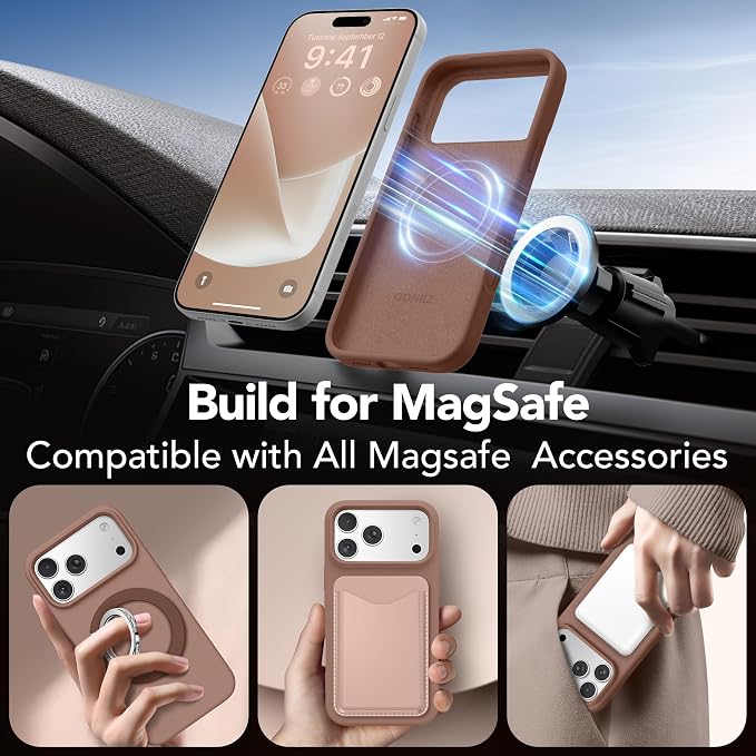 GONEZ Magnetic for iPhone 17 Pro Case, Compatible with MagSafe, [Screen Protector + Camera Lens Protector], Liquid Silicone Anti-Scratch Shockproof Protective Phone Case 6.3 inch, Brown