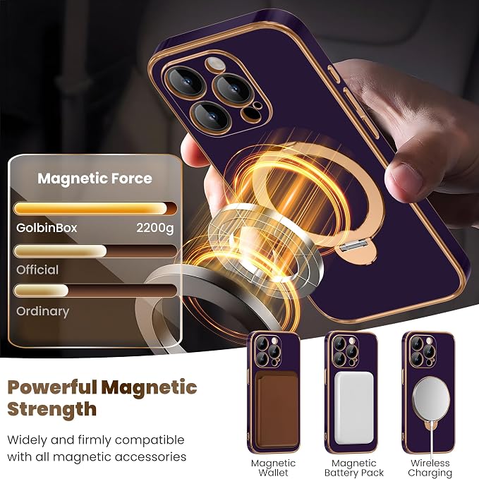 GolbinBox for iPhone 15 Pro Max Case with 360° Spin Magnetic Stand,[Compatible with Magsafe] [Military Protection][Built-in Ring Holder] Shockproof Phone Case for 15 Pro Max, Purple