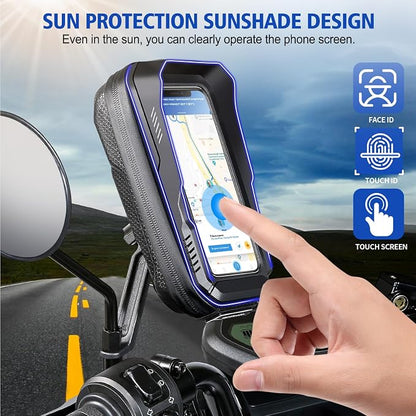 BKNOOU Motorcycle Phone Holder Waterproof Motorcycle Cell Phone Mount 360°Rotation Anti-Shake Upgrade Sun Visor Rain Cover Rearview Mirror Phone Holder Motorbike for Smartphone 4.5" to 6.9"
