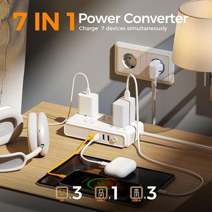 TESSAN Voltage Converter US to Europe, 220 to 110 Voltage Converter | Universal Travel Adapter, 4 USB Ports (1 USB C), 3 AC and EU UK AU IT in ZA Plug Power Adapter, Step Down Transformer, 4 FT
