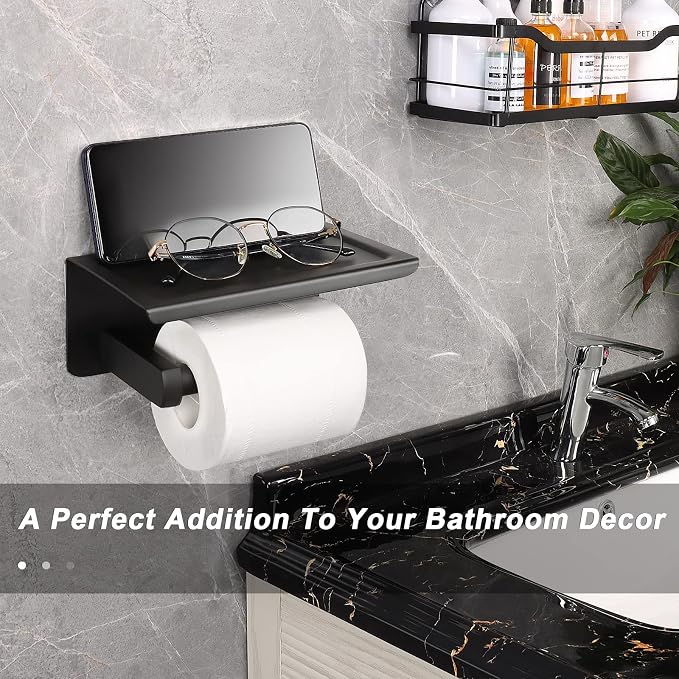 NearMoon Toilet Paper Holder with Shelf, Heavy Duty Bath Toilet Roll Holder with Phone Shelf Tissue Hanger for Bathroom/Kitchen No Drill or Wall Mounted(304 Stainless Steel, Matte Black)