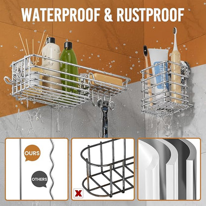LEVERLOC Shower Caddy Suction Cup, 3 Pack Heavy Duty Bathroom Organizer for Inside Shower with Hooks & Soap Holder, Removable Bathroom Holder