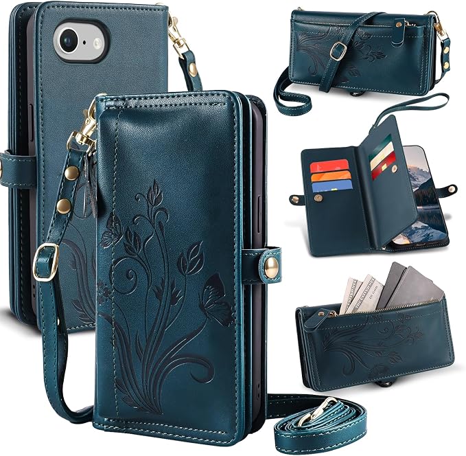 Lacass for iPhone 16e/17e Case Wallet,[Cards Theft Scan Protection] Card Holder Zipper Leather Flip Cover Crossbody Wrist Strap with Stand (Floral Cyan Green)
