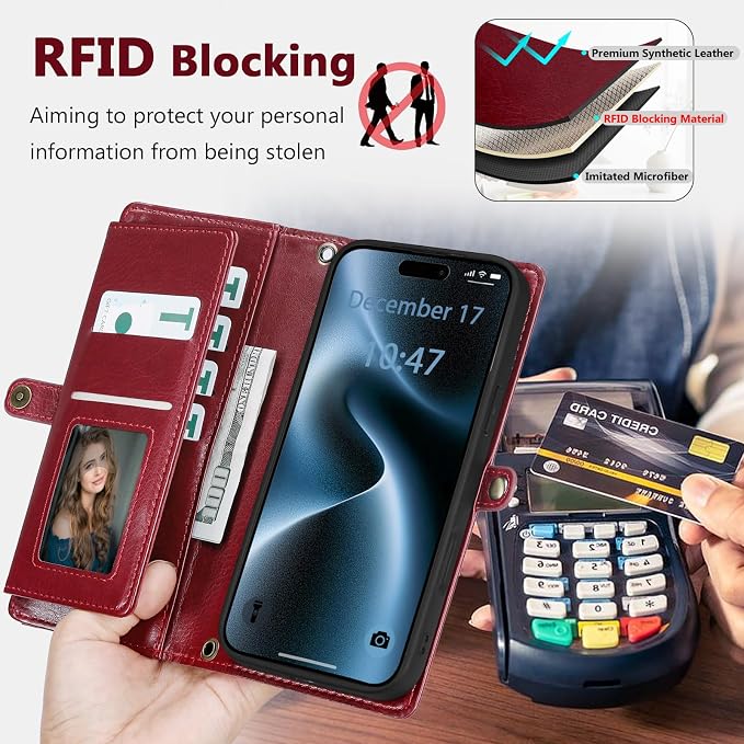 Wallet Case for iPhone 15 Pro Max with Card Holder/Crossbody Wallet/Strap| RFID Blocking | Magnetic | Kickstand | Detachable | PU Leather Phone Case for iPhone 15 Pro Max,6.7 in,Wine Red
