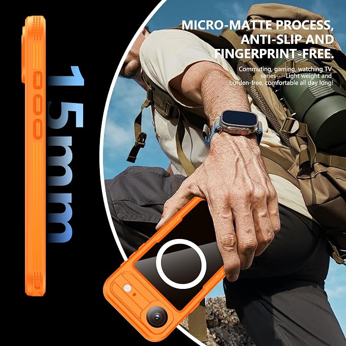 GOLDJU Magnetic for iPhone Air Case-Waterproof, Built-in Screen & Camera Protector-IP68 Underwater Full Body 16FT Military Dropproof Shockproof Case for iPhone 17 Air 6.5''- Orange