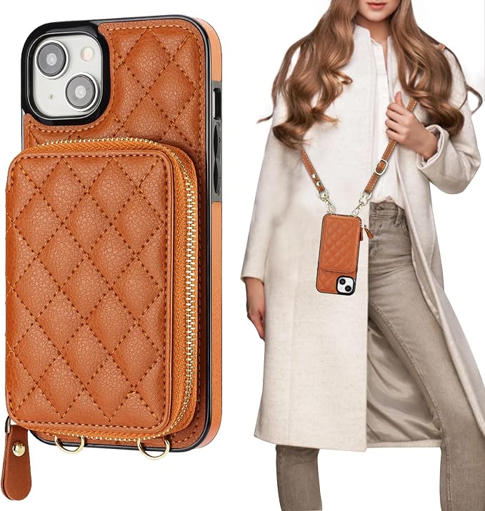 Bocasal Crossbody Wallet Case for iPhone 15 Plus, RFID Blocking PU Leather Zipper Handbag Purse Flip Cover, Kickstand Folio Case with Card Slots Holder Wrist Strap Lanyard 5G 6.7 Inch (Brown)